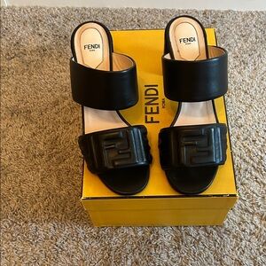 Fendi Black Leather heel slides